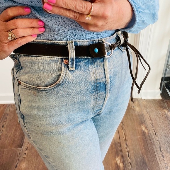 Brown Microsuede Turquoise Beads Fringe Tie Belt Adjustable Sizing 47” total - Picture 4 of 12